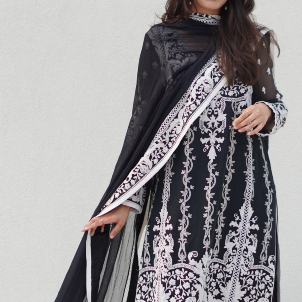 Elegant Navy and White Embroidered Dress Pakistani Designer suit
